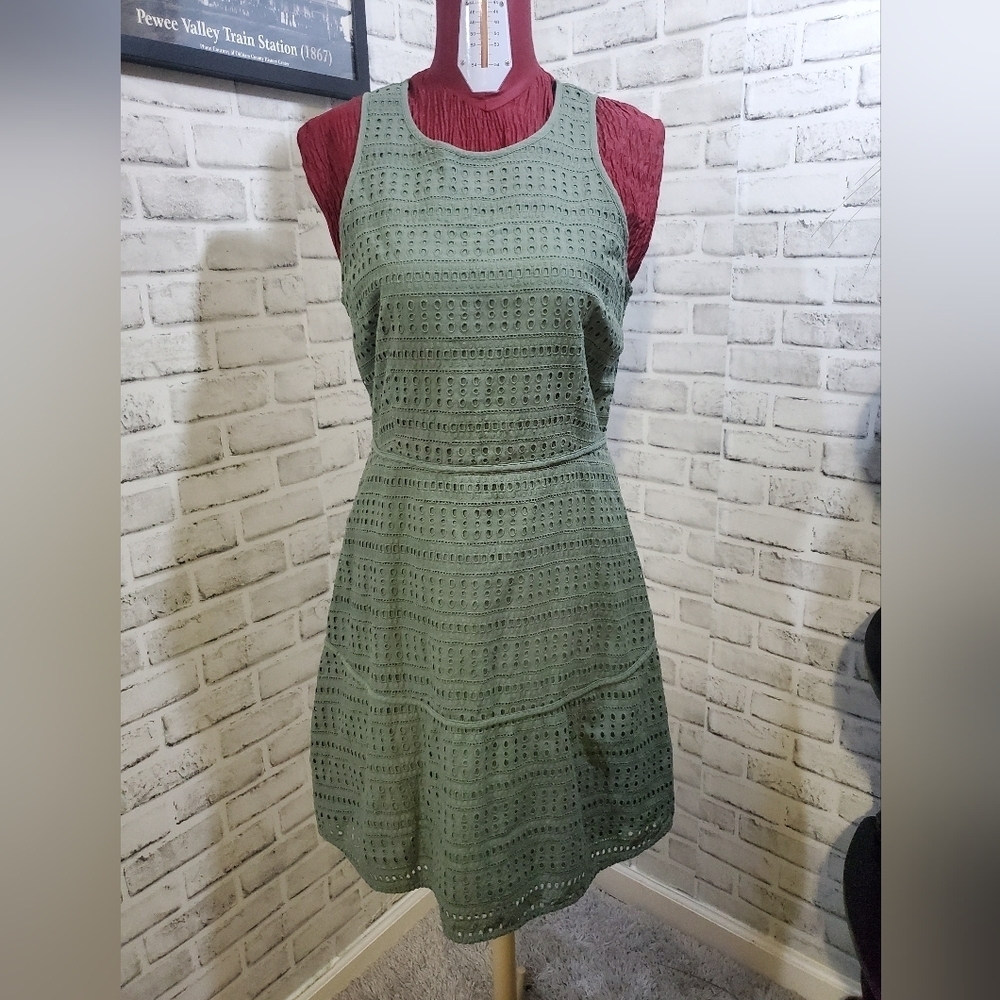 GAP Fit & Flare Lined Eyelet Zip in Back Sleeveless Dress Cool Olive Size 10
